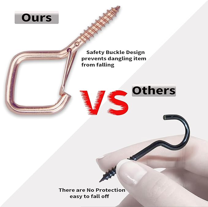 50 PCS Rose Gold Eye Screw Hooks for Hanging Heavy Duty with Safety Buckle.Metal Ceiling Hooks for Hanging Plants Cup Wind Chime Bird Feeders Patio Lights at Indoor&Outdoor