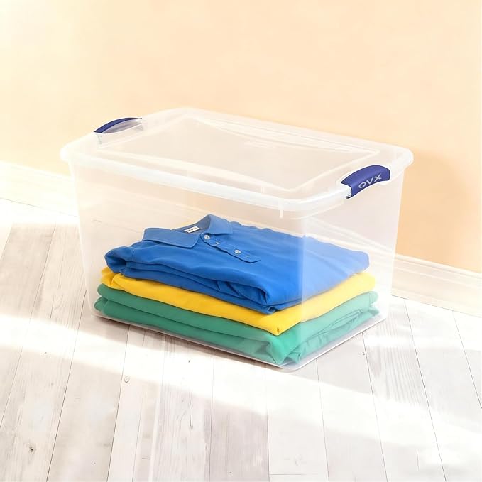 2 Pack 66 Quart Clear Plastic Storage Bins with Blue Latch Lids – Containers for Home, Closet & Garage Organization, Ideal for Bulky Item Storage