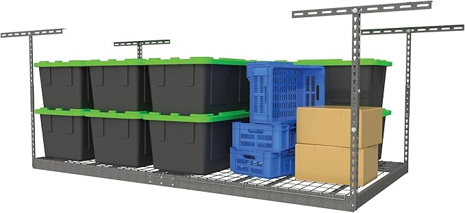 MonsterRax Overhead Garage Storage Rack - 4 x 8 Ceiling Racks for Garage Shelving, Organization, Adjustable Hanging Storage, Grey, 12"- 21" Height Adjustment