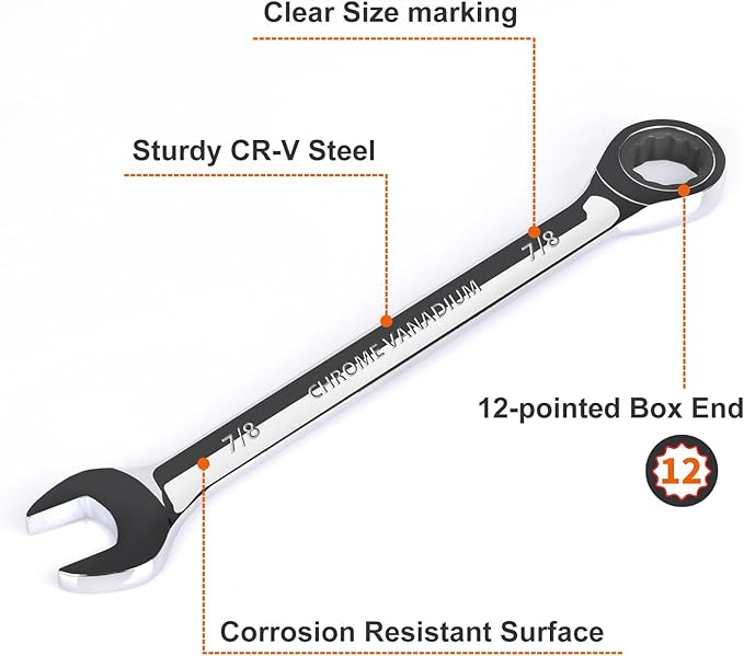 Egofine 7/8 inch Ratcheting Combination Wrench SAE, Industrial Grade Gear Spanner with 12-Point Design, 72-Tooth Ratchet, Chrome Vanadium Steel