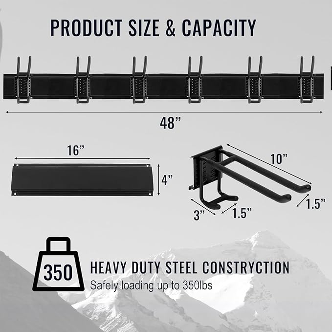 Wall Mount Tool Storage Rack, Garage Organization, Heavy Duty Garage Storage Tool Organizer, Garden Tool Wall Hooks and Hangers, Hold Up to 350lbs Black 2Pack