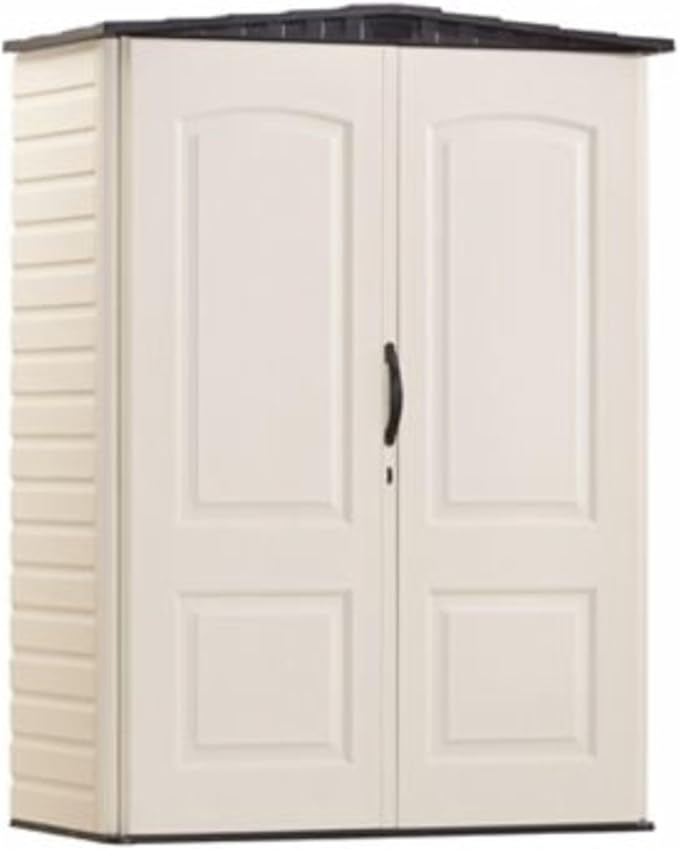 Rubbermaid Small Vertical Resin Outdoor Storage Shed With Floor (2.3 x 4.6 Ft), Weather Resistant, Beige/Brown, Organization for Home/Backyard/Pool Chemicals/Toys/Garden Tools/Porch/Patio Cushions