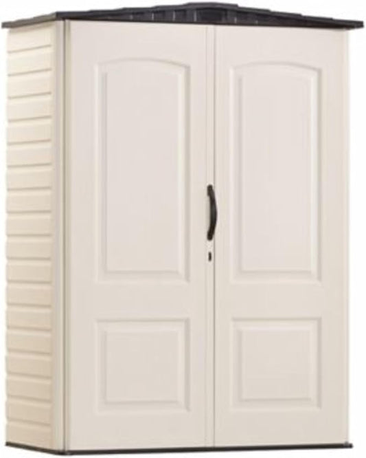 Rubbermaid Small Vertical Resin Outdoor Storage Shed With Floor (2.3 x 4.6 Ft), Weather Resistant, Beige/Brown, Organization for Home/Backyard/Pool Chemicals/Toys/Garden Tools/Porch/Patio Cushions