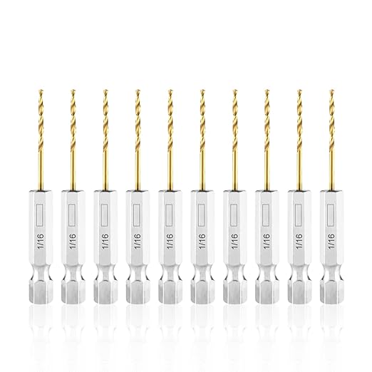 amoolo 1/16 Twist Drill Bit Set, 10Pcs Titanium HSS Hex Shank Impact Drill Bit Set for Metal, Steel, Wood, Plastic, Quick Change Design