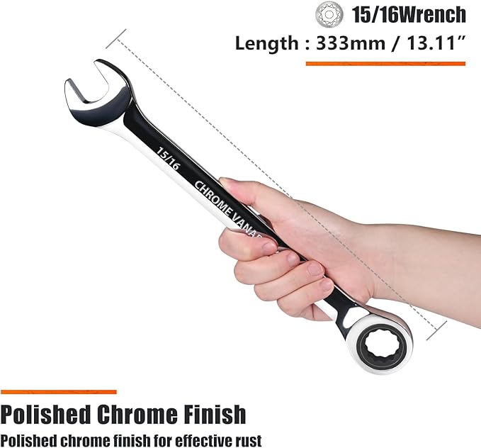 Egofine 15/16 inch Ratcheting Combination Wrench SAE, Industrial Grade Gear Spanner with 12-Point Design, 72-Tooth Ratchet, Chrome Vanadium Steel