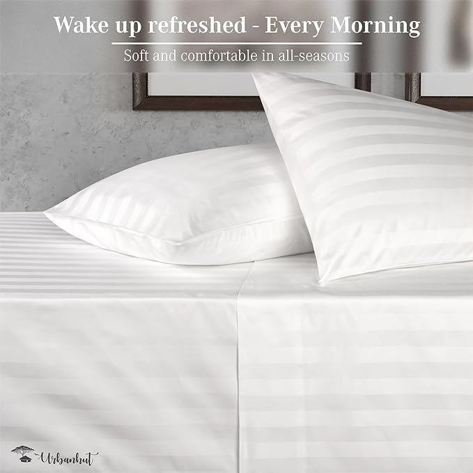 URBANHUT 1000 Thread Count Egyptian Cotton Sheets Damask Striped King Size, Long Staple Soft & Breathable, 4 Pc Bed Sheet Sets, Luxury Hotel Sateen Sheets Fits 16" Deep Pocket - White