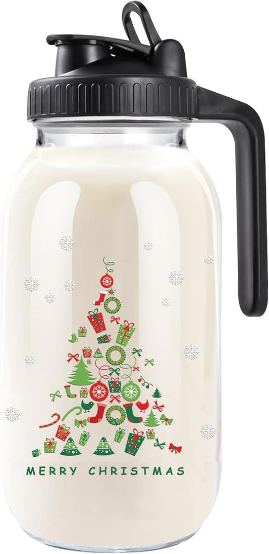 Breast Milk Pitcher Glass Pitcher with Lid, 64 oz 2 Quart Mason Jar Pitchers with Lid and Spout, Wide Mouth Glass Jug Sun Tea Pitchers, Cold Brew Coffee pitcher, Fridge Container for Water-Christmas