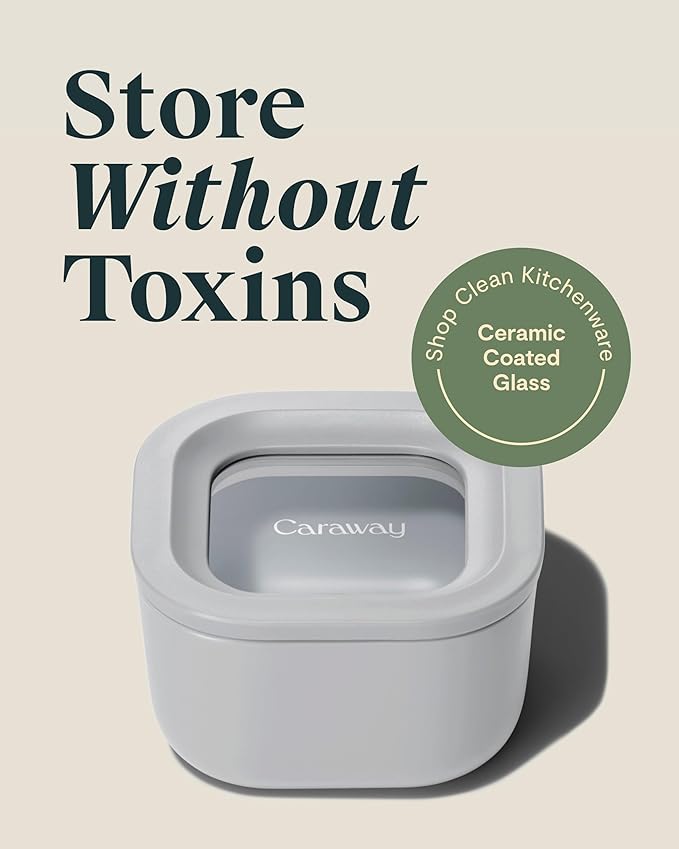 Caraway Mini Square Food Storage Container - 1.75 Cup Glass Storage Container for Food - Non-Toxic Ceramic-Coated Glass - Air Release Technology - Compact & Stackable Design - Gray