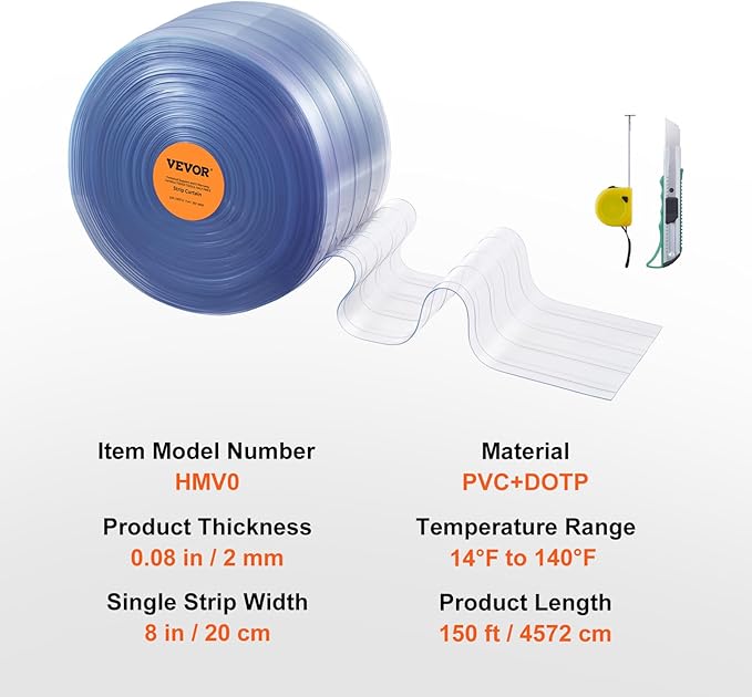 VEVOR Strip Curtain, 150' Length x 8" Width x 0.08" Thickness, Clear Ribbed PVC Curtain Strip Door Bulk Roll, Plastic Door Strips for Doorways of Supermarket, Garage, Warehouse, Barn, Pet Animal House