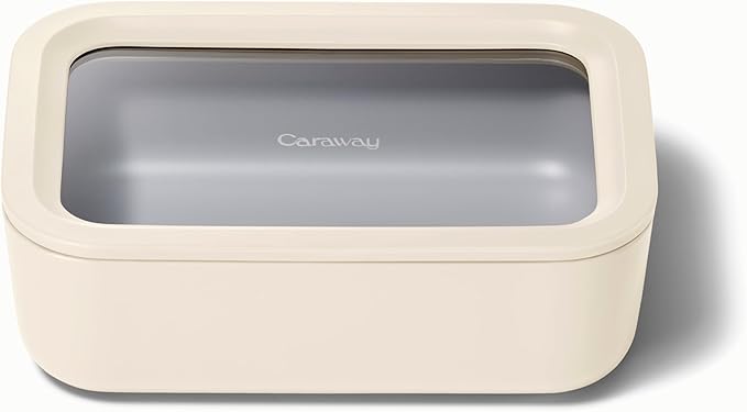 Caraway Glass Food Storage - 6.6 Cup Glass Container - Ceramic Coated Food Container - Non Stick Lunch Box Container with Lids - Dishwasher, Oven, & Microwave Safe - Cream