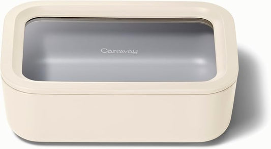 Caraway Glass Food Storage - 6.6 Cup Glass Container - Ceramic Coated Food Container - Non Stick Lunch Box Container with Lids - Dishwasher, Oven, & Microwave Safe - Cream