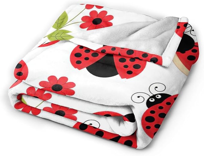 Ladybug Blanket, Lady Bug Cartoon Throw Blankets, Flower Green Leaves Fuzzy Plush Blanket Ultra Soft for Animal Lover Gift Kids Teens Women Men Girls Boys Stuff Decor for Bedding Sofas Couch 60"X50"