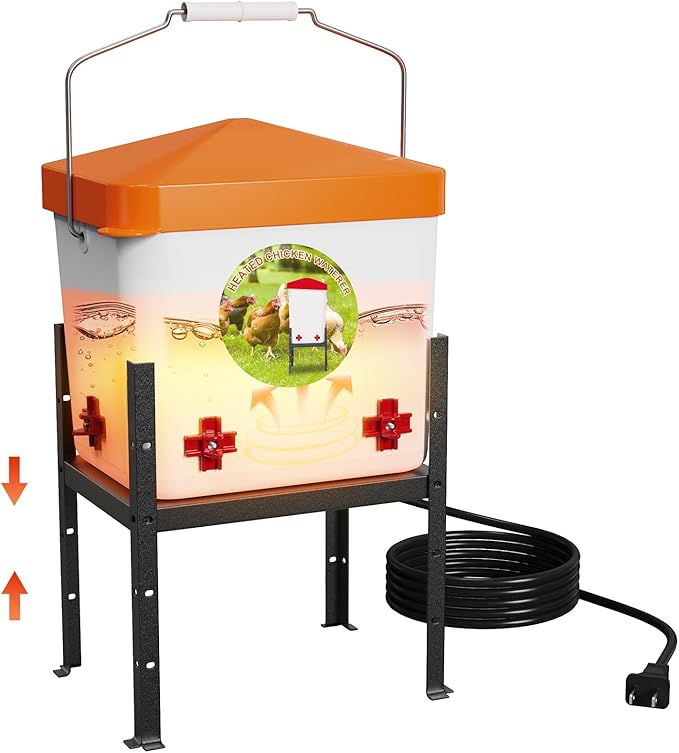 Nexum 2 Gallon Heated Chicken Waterer, Thermostatically Controlled Anti-Freeze Poultry Drinker with 4 Nipples & Adjustable Stand for Winter Coop Accessories (Orange)