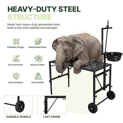 Goat Stand with Adjustable Headpiece & Legs, Goat Milking Stand with Feeder, Rails & Wheels, Stanchion for Grooming & Hoof Trimming, Sheep Stand for Shearing Heavy-Duty Steel Platform, Black