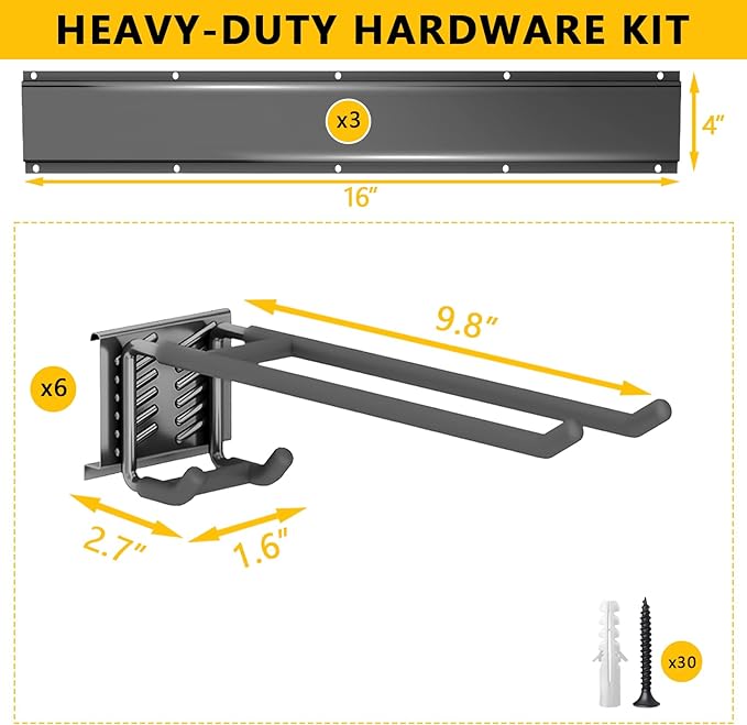 Garage Tool Organizer Wall Mount, 48inch Heavy-Duty Garage Storage System and Garden Tool Organizer with 6 Adjustable Double Hooks for Shovel, Snowboard, Yard Tools and Shed