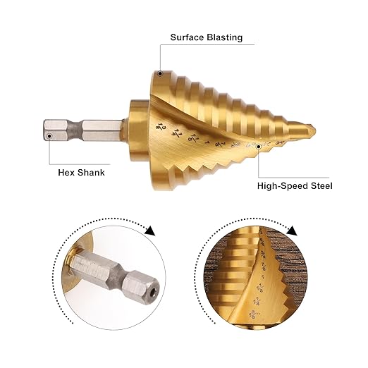 COMOWARE 5PCS Titanium HSS Step Drill Bit Set with 1/4" Hex Shank, Automatic Center Punch, Two Spiral Flute Impact Design, Ideal for Metal, Stainless Steel, Wood, Plastic