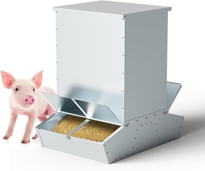 4 Door Hog Feeder, 9 Bushels Pig Feeder, Heavy Duty Galvanized Steel Piglet Creep Feeder, Outdoor Livestock Feeder Farm Accessory for 20 Full Grown Hogs and Pigs, Silver