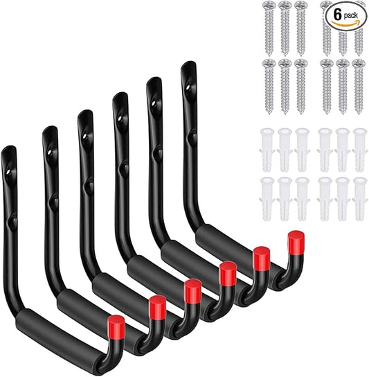6 Pack Garage Hooks Heavy Duty, Utility Steel Hooks with EVA Foam Padding, 7.08inch Wall Mount J Organizer Hanger for Hanging Bikes Kayak Garden Tool Hose Bike Shelf