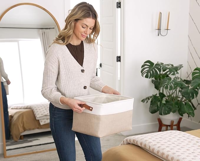 OrganiHaus Large Fabric Storage Baskets for Shelves 3 Pack, 15x11in Closet Storage Bins for Shelves, Canvas Baskets for Organizing, Linen Closet Organizers, Cloth Basket, Gray/Black