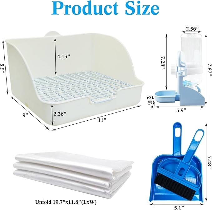 kathson Rabbit Litter Box with Grid-Small Animal Litter Pan for Cage with Automatic Water Bottle Broom- Corner Bunny Potty Training Toilet for Ferret Guinea Pig Hamster Hedgehog (White)