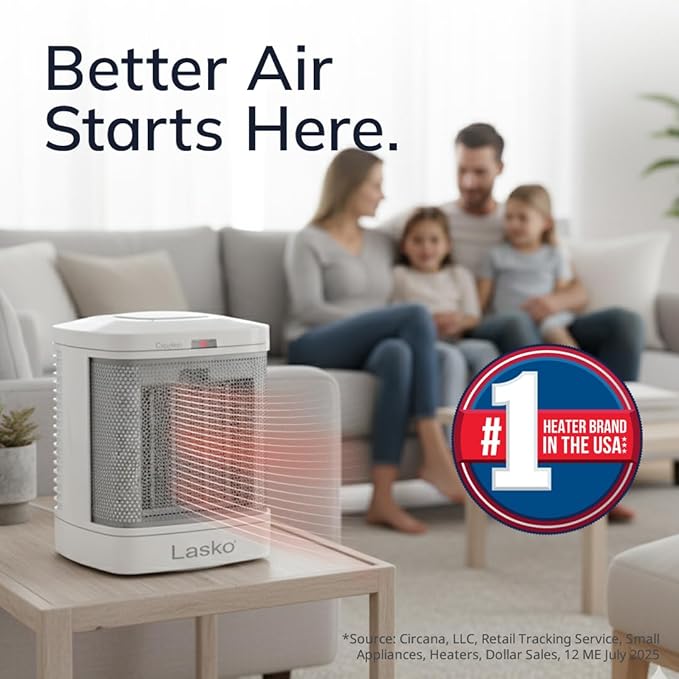 Lasko Portable Electric Ceramic Space Heater with ALCI Plug for Bathroom Use, 2 Heat Settings and Simple Heat Button, 8 Inches, White, 1500W, CD08200