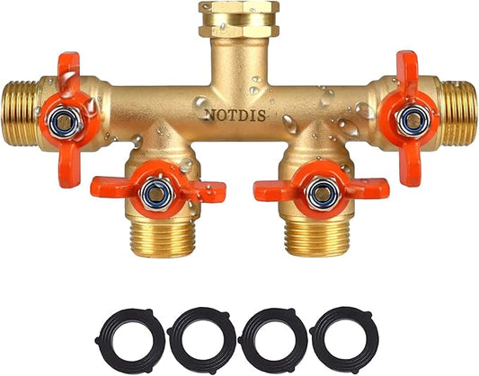 4 Way Brass Hose Splitter Full Flow with Metal Handle - Heavy Duty Spigot Splitter with Shut Off Valve, 3/4" GHT Garden Tap Connector
