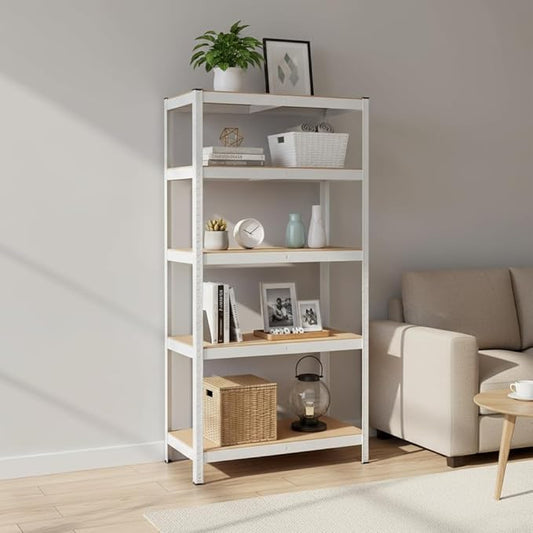 Weallux 5-Tier Metal Storage Shelf, White Steel Frame with Wood Shelves, 29.5 x 12 x 59 Inches, Adjustable Heavy Duty Utility Rack for Garage, Kitchen, Pantry