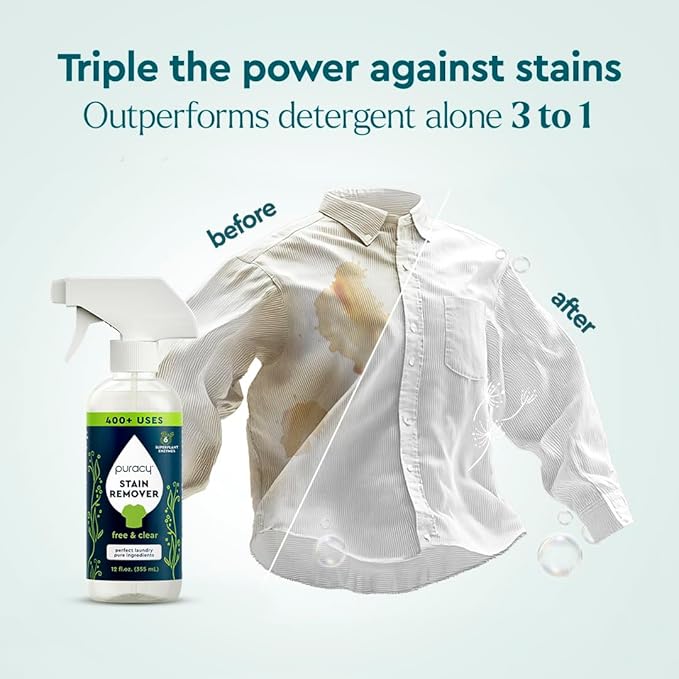 Puracy Stain Remover, Travel and Laundry Stain Cleaner for Clothes, Baby Essentials, Kids Stains, Oil and Fabric Spot Cleaner, Unscented (Stain Remover Spray, 12 fl oz)