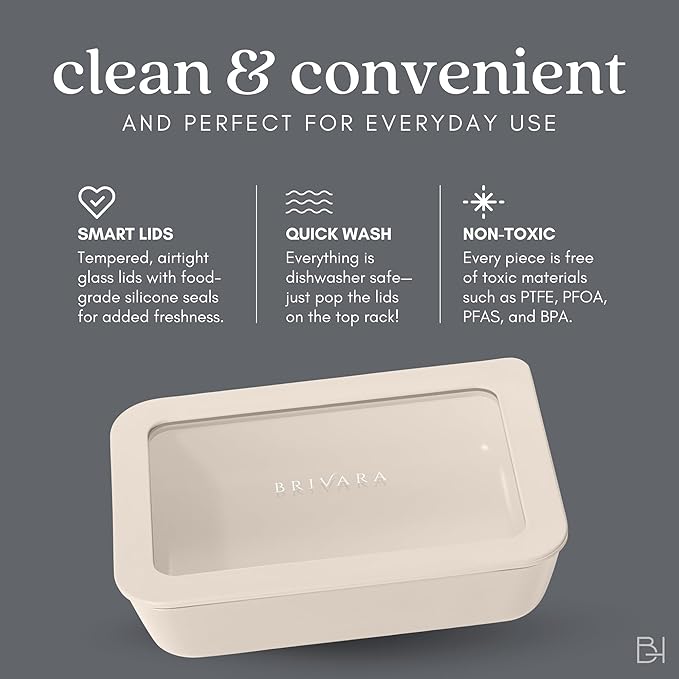 Ceramic Coated Glass Food Storage Container | No PTFE, PFOA, PFAS, and BPA | Reusable Non Toxic Meal Prep Container with Glass Lid | Easy To Store | 3 Cup Rectangle [Crema]