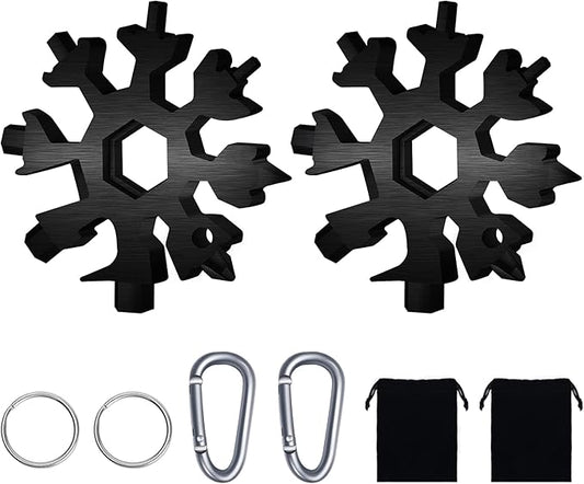 FZENeast 18-in-1 Snowflake Multitool, 2 Pcs Stainless Steel Standard Multi-Tool With Key Ring, Carabiner Clip and Storage Bag (Black)