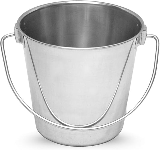 4 quart Heavy Duty Stainless Steel Round Bucket with Handle | 1 gal Durable Food & Water Bowl for Birds Dogs Cats Goat & Livestock | Fits kennel Crate Cage Farm | Hanging Utility Pet Pail