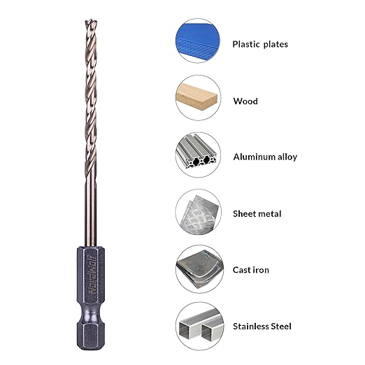 NordWolf 4-Piece 1/8" M35 Cobalt Drill Bits, with 1/4" Hex Shank for Stainless Steel & Hard Metals, Jobber Length for Quick Change Drills & Impact Drivers