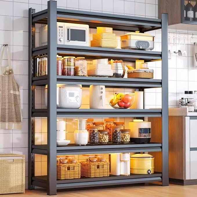 Storage Shelves, Garage Metal Shelving Unit, Adjustable, Double-Layer Column with Reinforced Ribs, Heavy-Duty, Capable of Bearing 600-3600 lbs (Black, 77 * 45 * 18, 6-Tier)