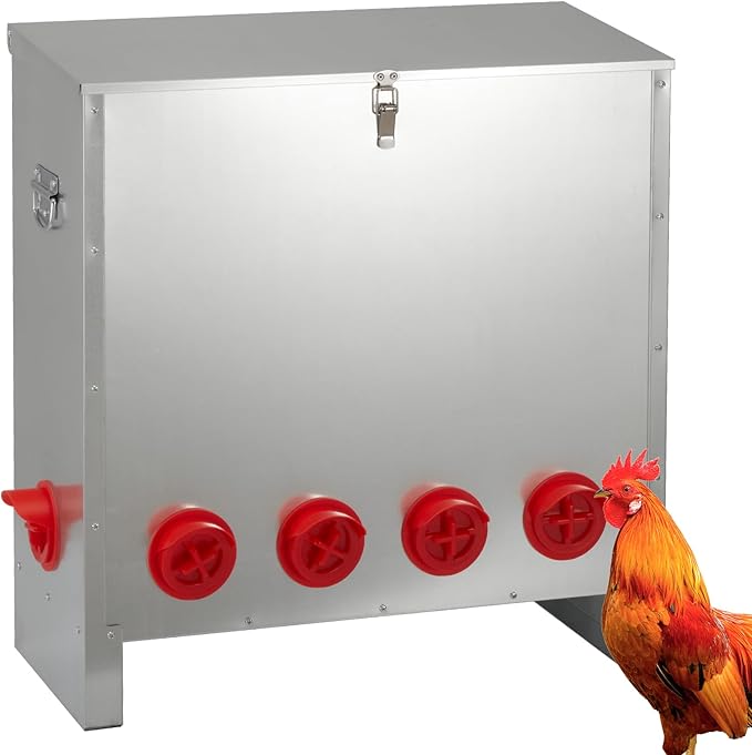 Automatic Chicken Feeder 85-120lbs Capacity, Galvanized Metal Poultry Feeding Equipment, Rainproof & Rodent Proof Large Chicken Food Dispenser for Backyard Coop & Farm Use (6 Ports)