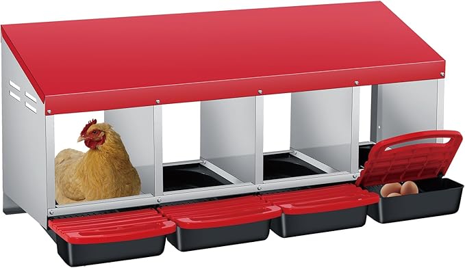 GarveeLife Chicken Nesting Box, 4 Compartments Laying Nest Boxes for Laying Eggs Chicken Brooder Box Nest Box with Perch 4 Hole Red