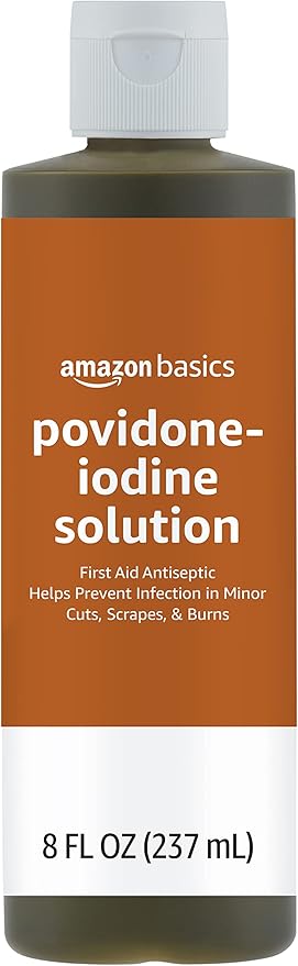 Amazon Basics First Aid Antiseptic, 10% Povidone Iodine Solution First Aid Antiseptic, Unflavored, 8 Fluid Ounces, 1-Pack (Previously Solimo)