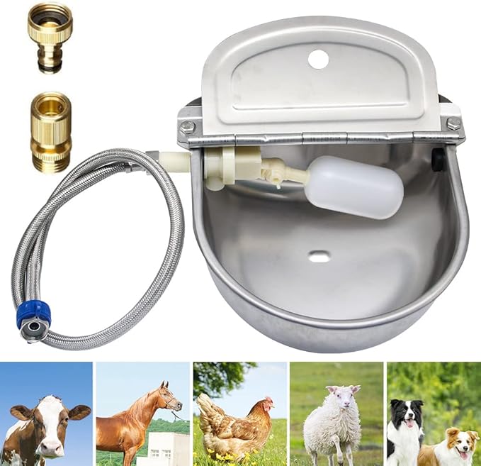 Stainless Steel Automatic Waterer Bowl Farm Livestock Pet Auto-Watering for Dog Cattle Horse Float Valve Sheep Goat with Float Water Valve Pipe and 3/4''Adaptor
