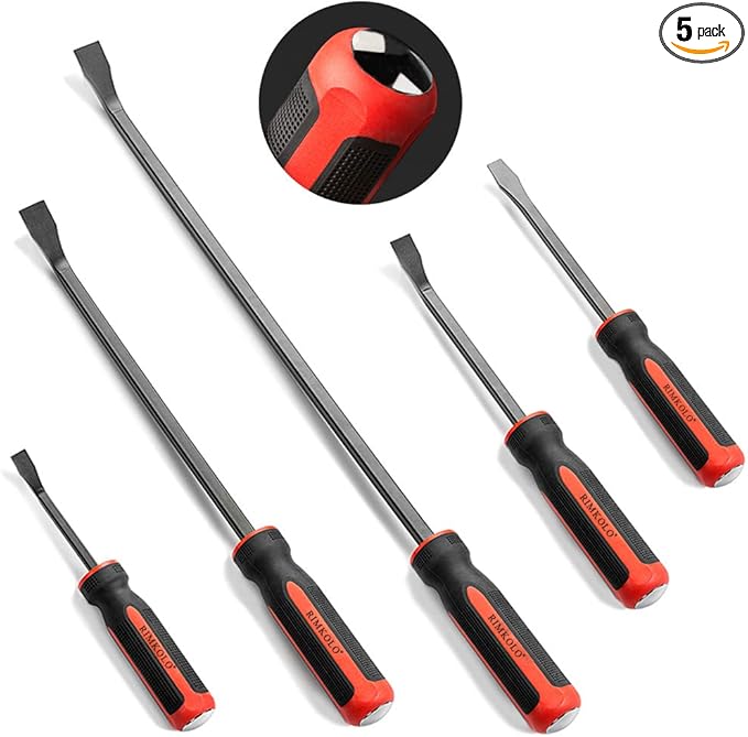 Pry Bar Set, 5-Piece Heavy Duty Pry Bars with Thicker Strike Caps, Mechanic Hand Tools for Automotive, Demolition, Nail Puller, Crowbar
