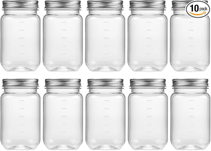 novelinks 16 oz Clear Plastic Jars with Screw-On Lids - BPA-Free Refillable Storage Containers for Slime, Food, Crafts, Kitchen & Household Use (10 Pack,Silver)