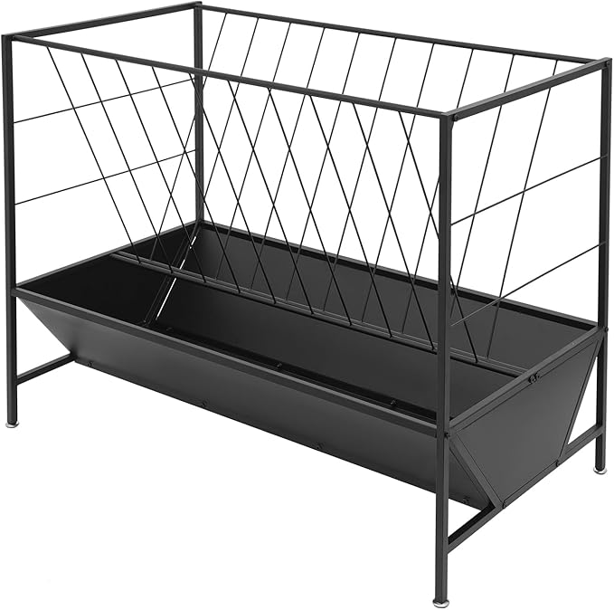 Pasture Hay Feeder with 24 Gallon Feed Pan，Black Powder Coated Surface Steel Livestock Feeder， Duty 2-in-1 Livestock Feeder，Feeding Goats, Calves, Cow, Horse for Farms