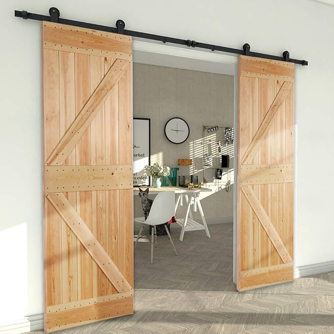 CCJH 5FT Sliding Barn Door Hardware Kit, Heavy Duty, Smoothly and Silently, Easy to Install, Fit 15" Width Double Door Panel, T-Shaped Style Black