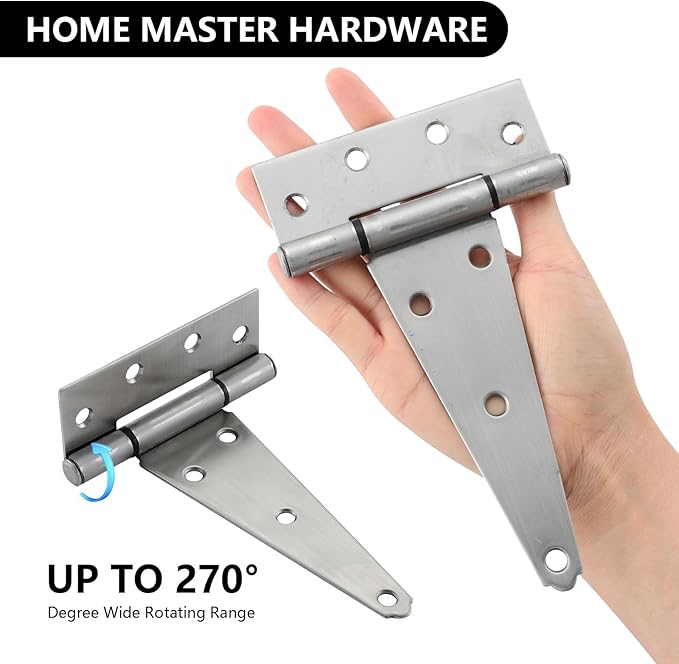 HOME MASTER HARDWARE 6 Inch Stainless Steel Gate Hinges for Wooden Fences Heavy Duty Tee Hinges,Shed Door Hinge,T-Strap Hinge for Outdoor Barns Gate with Screws 4 Pack