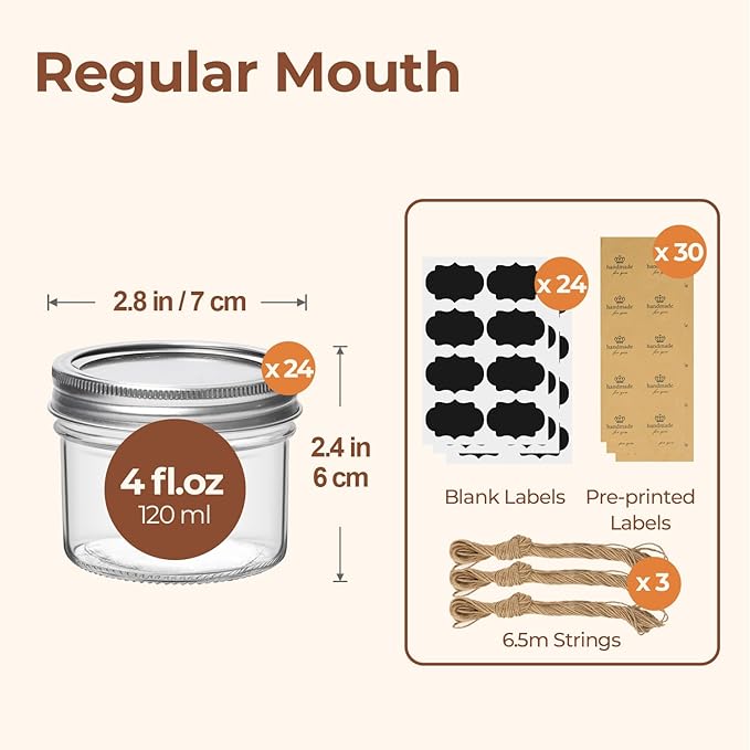 ComSaf Small Regular Mouth Mason Jars 4 oz, 24 Pcs Mini Mason Containers, Small Canning Jars, 4 oz Glass Jar with Lids for Mustards, Dipping Sauces, Jelly, DIY Candle Decor, Wedding Shower Favors