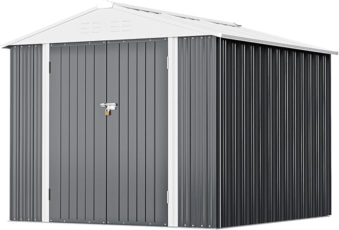 Greesum 8x6FT Outdoor Storage Shed, Utility Tool Shed with Sloping Roof, Metal Storaged Garden Shed with Door & Lock for Patio Storage, Gray