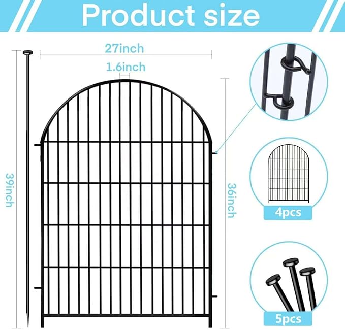 Garden Fence Border 36 in(H) x8.8 Ft(L), 4 Panels Dog Fence Outdoor for Yard, Tall Garden Animal Barrier Fence with Gate, Arched Rustproof Metal No Dig Fence, Flower Bed Fencing