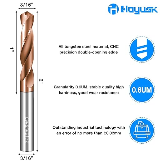Solid Carbide 3/16" Drill Bits, Tungsten Carbide Drill Bit Set with TISIN Coated, Metal Drill Bit Set for Stainless Steel Hardened Steel Cast Iron Alloy Copper, 2 Pcs