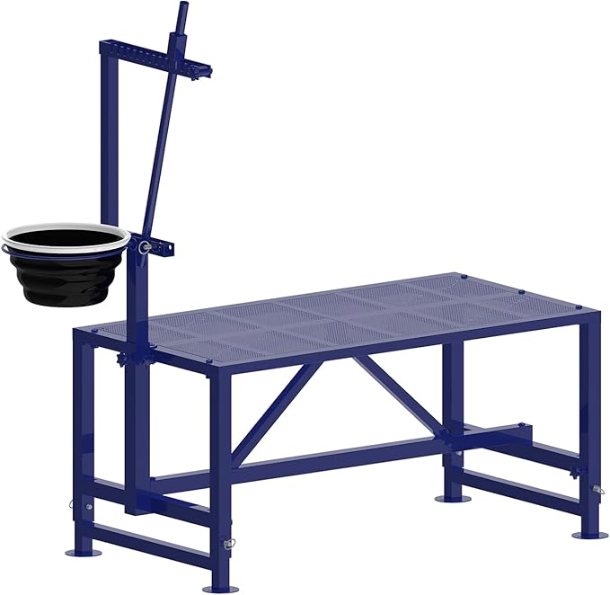400 LBs Goat Milk Stand for Pygmy and Dwarf Goats, Goat Stand with Feed Bin, Goat Milking Stand for Sheep Trimming and Milking, Hoof Trimming Stand Adjustable Size, Iron Blue
