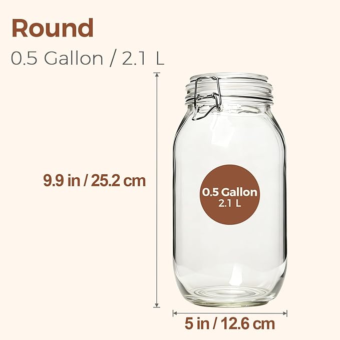ComSaf Large Glass Jars with Lid 0.5 Gallon, Large Mason Jars Set of 3, Glass Canisters with Airtight Lids, Half Gallon Canning Jar with Seal Wire Clip Fastening for Kitchen, Pickle, Flour, Sugar