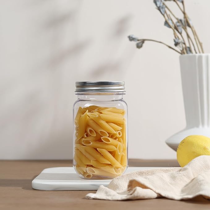 novelinks 16 oz Clear Plastic Jars with Screw-On Lids - BPA-Free Refillable Storage Containers for Slime, Food, Crafts, Kitchen & Household Use (20 Pack,Silver)