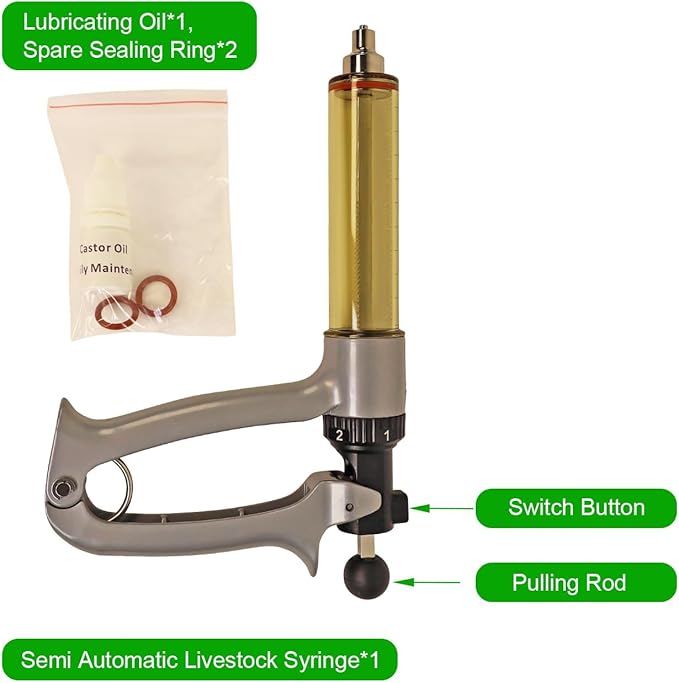50ML Semi Automatic Livestock Syringe, 5 Gears Adjustable Continuous Repeating Luer Lock Syringe for Farm Ranch Cattle Cow Horse Goat Sheep Hog